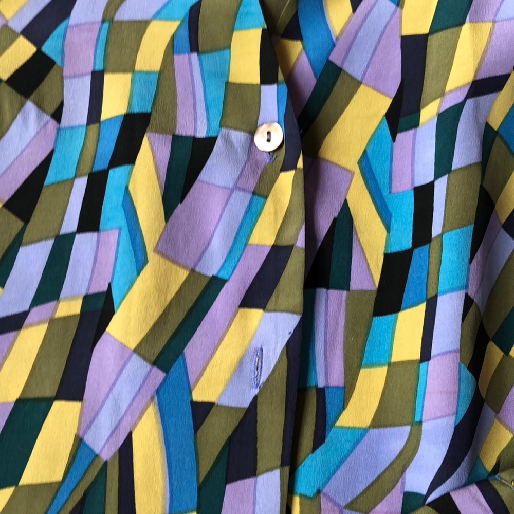 100% Silk Blouse Bright Geometric Pattern - image 3